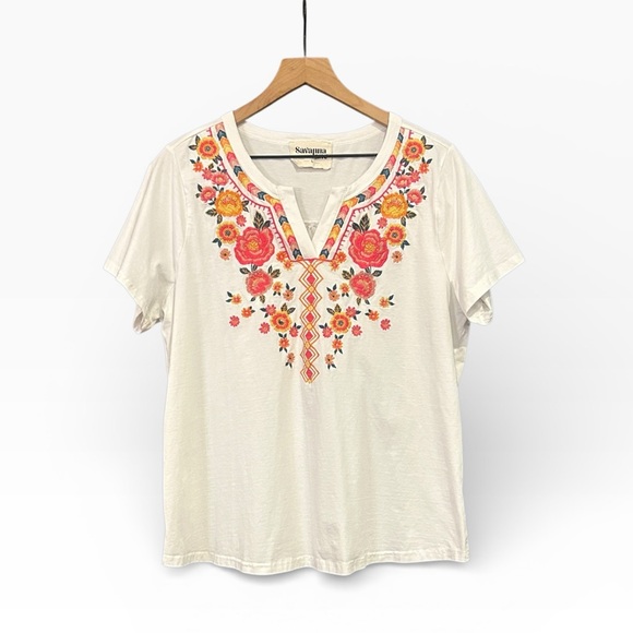 Savanna Jane White Floral Embroidered Short Sleeve Top Size Large Boho Peasant - Picture 6 of 10